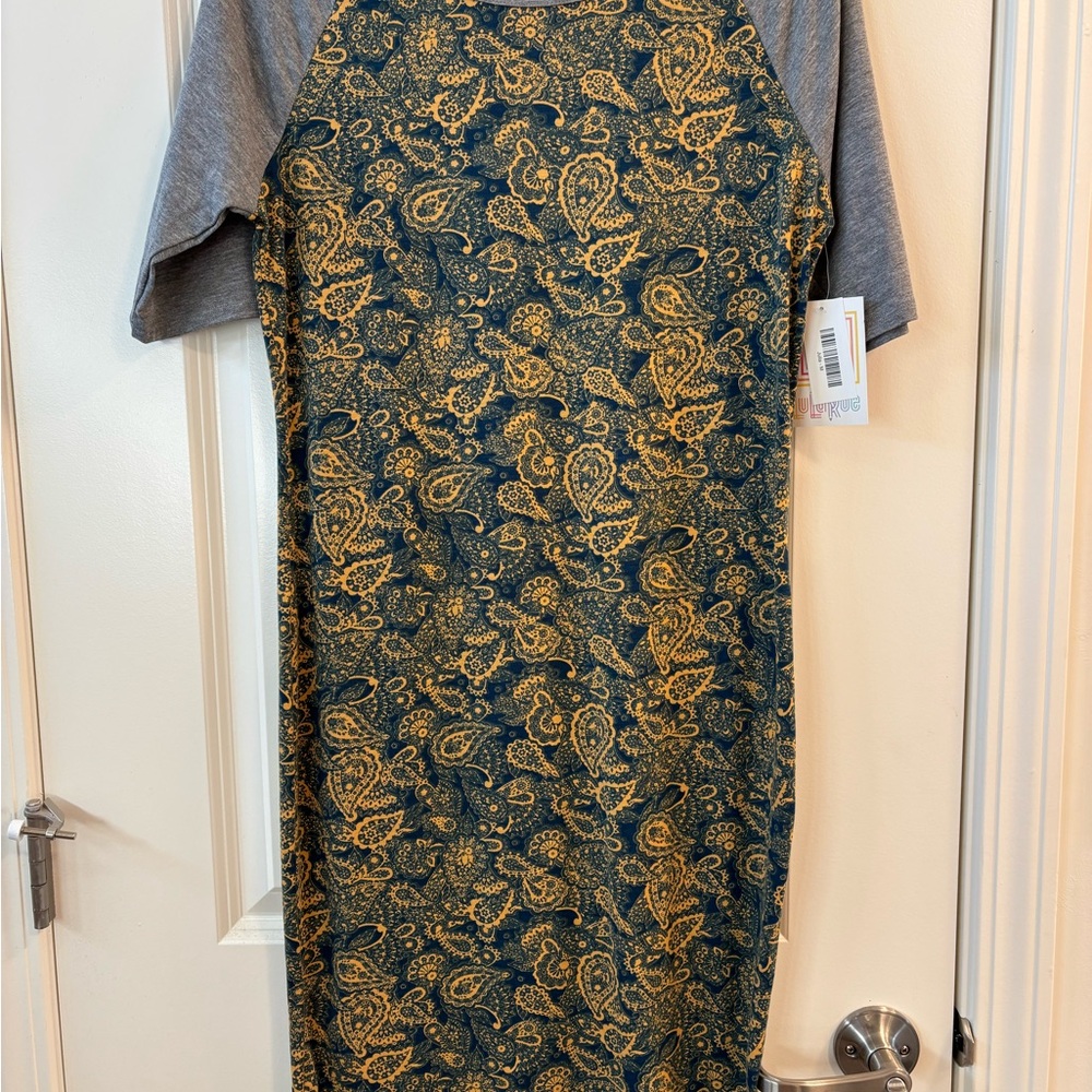 LuLaRoe Midi Dress with Gold and Gray Floral Design